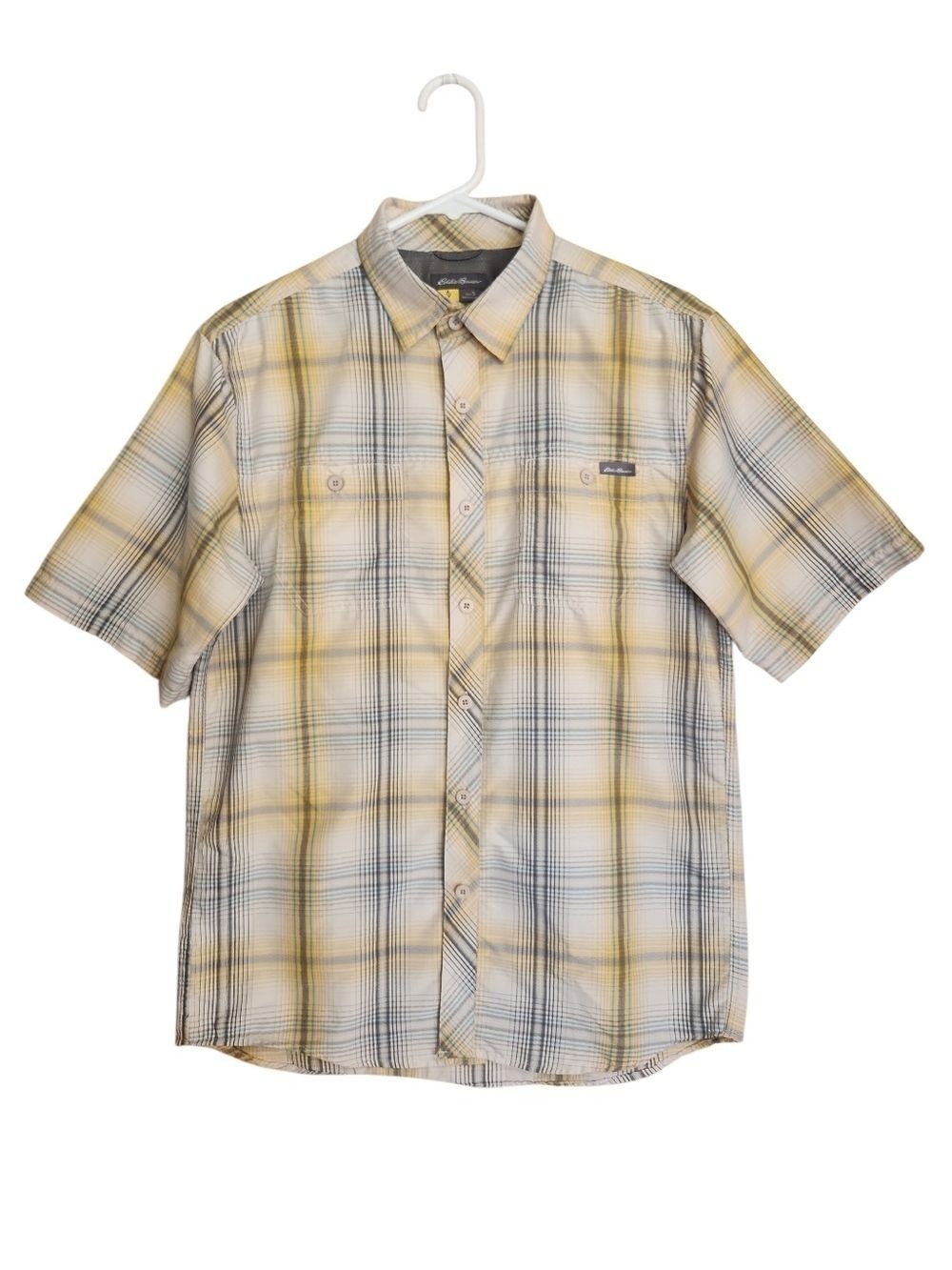 EDDIE BAUER MEN'S SHORT SLEEVED BUTTON-DOWN PLAID FISHING CAMP SHIRT MEDIUM